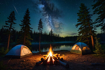 Night camping in the forest with a tent and a view of the Milky Way. Generative AI