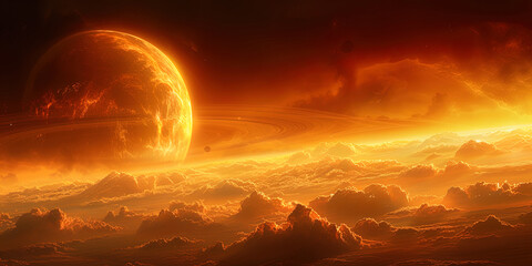 A mysterious planet with reddish clouds that create the effect of aurora, like a fiery storm in th