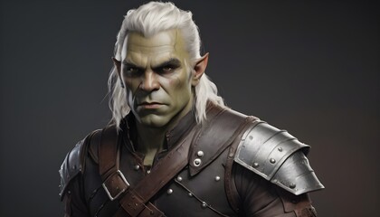 D&d half-orc character portrait, white long hair, leather armour 