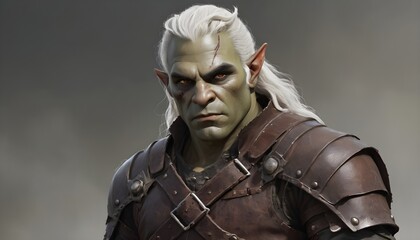 Dungeons and dragons half-orc character portrait, long white hairs, scar on the left side of the head, leather armor, grey background 