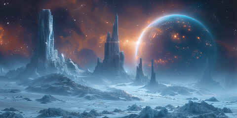 A planet with giant crystalline formations and labyrinths, like a city of diamonds in the endless