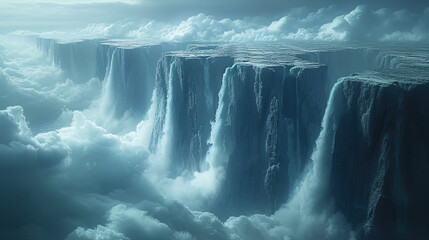 A planet with huge waterfalls from the world, like a sign of good omen in the Univers - obrazy, fototapety, plakaty