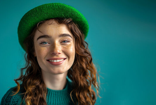 Portrait of a young woman with long hair wearing a green hat on an isolated blue background, St. Patrick's Day. Woman smiling portrait. Beautiful white teeth
