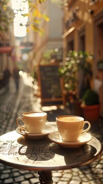 Street cafe in Europe. Two cups of coffee on vintage table. Created with Generative AI