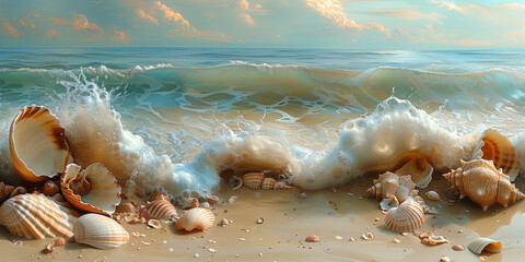 Obraz na płótnie Canvas A sleepy beach, strewn with soft sand and decorated with shells, like an invitation to the world o