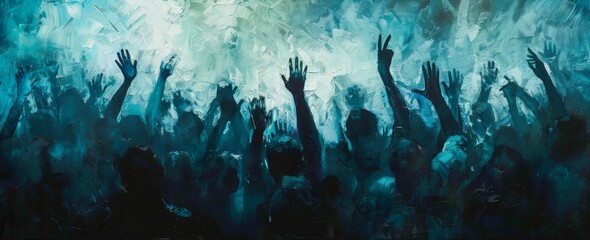 Abstract Crowd Silhouettes with Dynamic Brush Strokes in an Impressionistic Blue Hues Artwork - obrazy, fototapety, plakaty