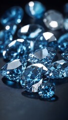 Shiny diamonds brilliants gemstones on dark background. Blue Diamonds crystal jewel light reflect texture background.
