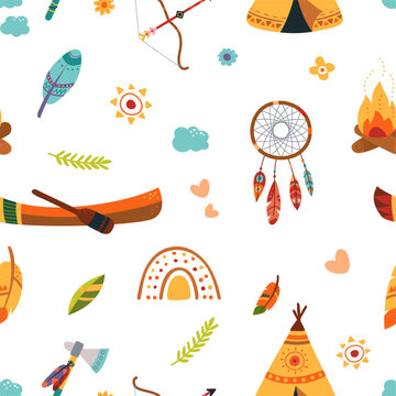 Tribal boho elements seamless pattern. Arrow, kanoe and wigwam, dream catcher and floral elements. Doodle feathers vector print template
