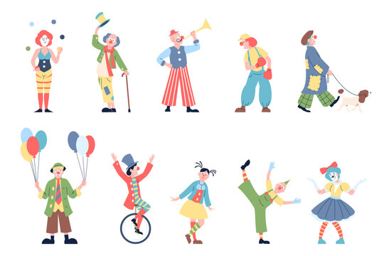 Clowns characters. Isolated flat funny clown. Circus or street entertainment artists. Comic character in funny costume, recent vector carnival set