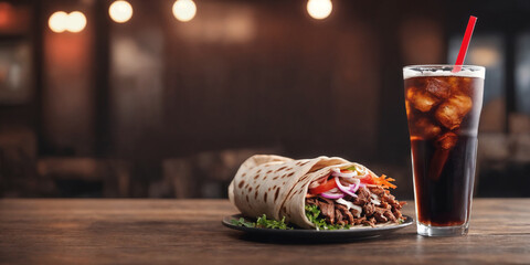 Fresh doner kebab or shawarma and glass of cola drink on restaurant background. Generative Ai	
