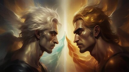 Two Angelic Beings Male Ready to fight 4K Loop features an A.I. generated video of two male angelic beings facing each other, one light and one dark in an eternal struggle Loop.