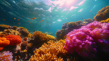 Fototapeta na wymiar Colorful coral reefs, inhabited by various marine inhabitants, like an underwater city of miracle