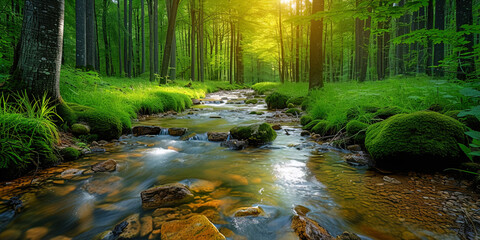 Cool and cozy forest streams running among stones and trees, like life arter