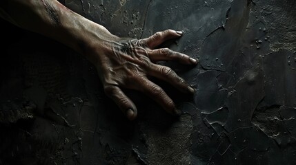 Zoomed-out view of a creepy, masculine hand with thick, claw-like nails, prominent veins, and rough skin texture, reaching out from the shadows of a black, crumbling wall, 