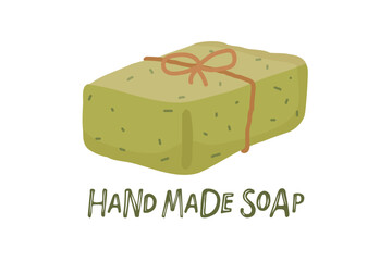 Handmade soap bar olive color and Handmade soap inscription for advertising, store, sale. Natural soap with with dry medicinal or fragrant herbs. Cartoon vector illustration on white background