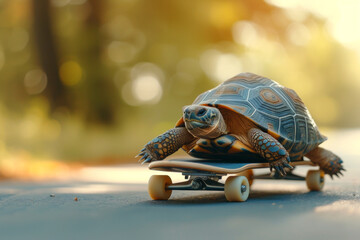 Turtle on a skateboard. Sports in nature. Slow turtle on a fast skateboard. Funny animals and reptiles. Funny animals concept. Fast movement. Traveling by transport. Place for text and advertising.