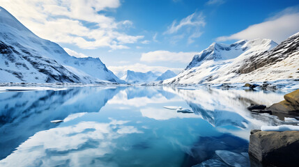Fototapeta na wymiar Tranquil Arctic Landscape: The Majestic Beauty of a Snow Covered Fjord Under a Crisp Blue Sky