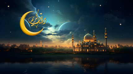 Ramadan Kareem background with mosque and moon.
