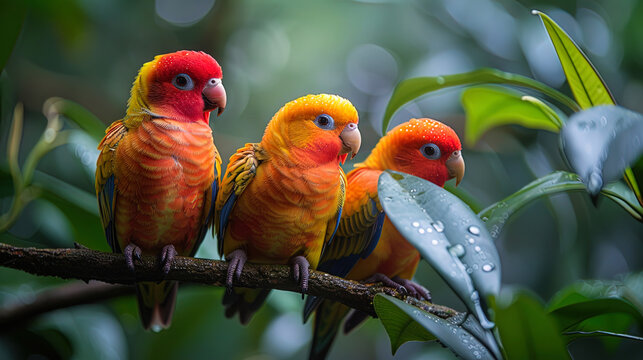Exotic jungle with bright birds and a variety of fauna, like an oasis for biological discoveri