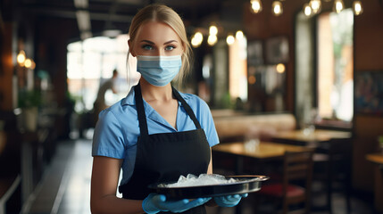 A blonde waitress wearing a medical mask standing in the restaurant background Generative AI