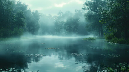 Gloomy and mysterious swamps framed by thick greenery, like a place where the ancient spirits of n