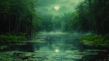 Fotobehang Gloomy and mysterious swamps framed by thick greenery, like a place where the ancient spirits of n © JVLMediaUHD