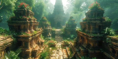 Naklejka premium Hiding ancient secrets of jungle with wood temples and ruins, like an arena for archaeological dis