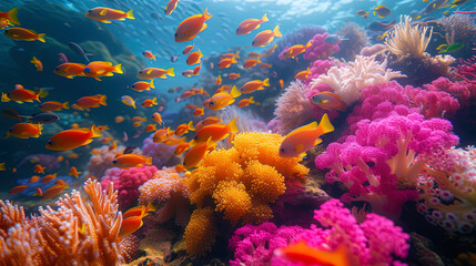 Fototapeta na wymiar Incredible and amazing coral reefs full of multi colored fish and sea creatures, like an underwate