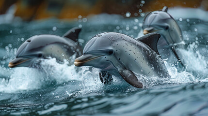 Obraz premium Light and playful dolphins jumping in coastal waters, like messengers of joy and freed