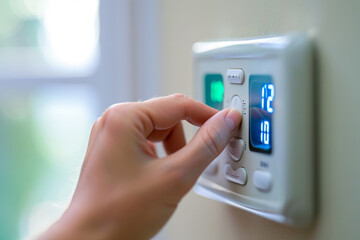 Hand setting the temperature on the thermostat in modern home. Generative AI