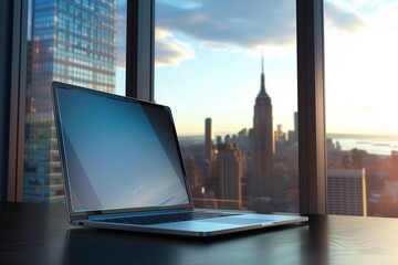 Skyline Office Setting Laptop Screen Mockup Amidst Urban Beauty. laptop in the city