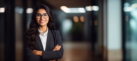 Businesswoman with glasses against blurred background Generative AI