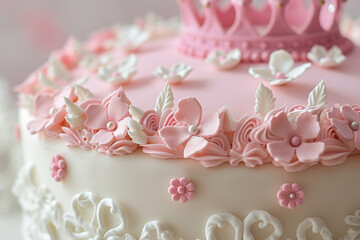 Obraz na płótnie Canvas Cute princess themed birthday cake for a little girl with intricate decorations. Generative AI