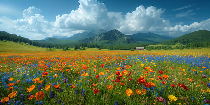 Multicolor meadows, hung with colors of various shades, create a bright palette in the natural pic