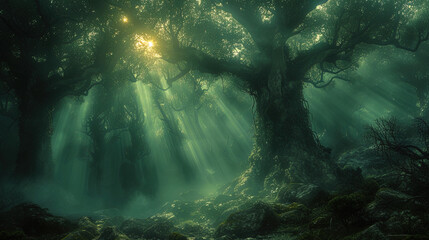 Mysterious jungle with centuries old trees and powerful roots, like guards of time and s - obrazy, fototapety, plakaty