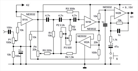 Technical schematic diagram of analog electronic device. Vector drawing electrical circuit with operational amplifier,
capacitor, resistor, key, other components.