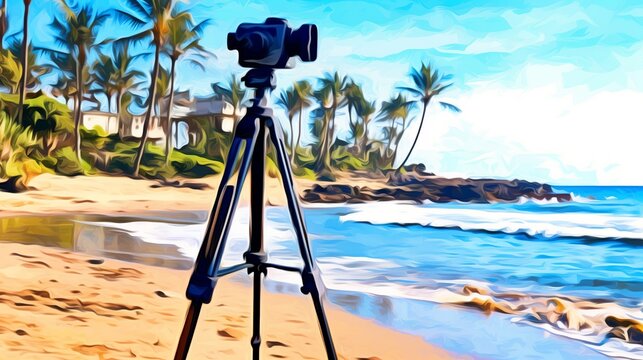 vector illustration of summer beach graphic design with a photography camera icon on the beach background