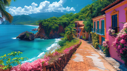 Paints, decorated with colorful vegetation and cozy bays, like pieces of paradise on E - obrazy, fototapety, plakaty