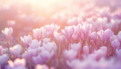 Beautiful violet crocus flowers growing, the first sign of spring. Seasonal sunny Easter background.