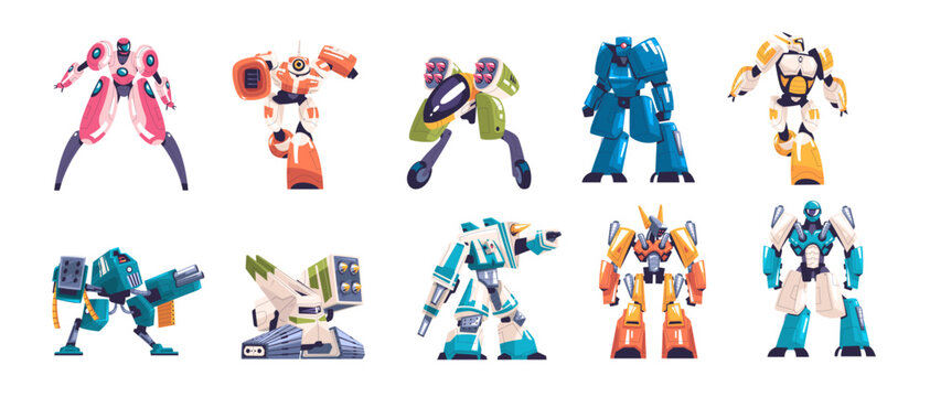 Combat robots. Robot war of future, cartoon transformers characters for alien battle game, futuristic mechanical cyborg military warrior powerful machine classy vector illustration