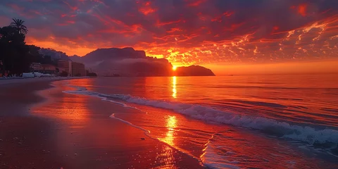 Fototapeten Sea sunset staining the sky in fiery shades, like a farewell on the da © JVLMediaUHD
