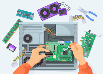 Hands assembling computer. PC warranty repair service or parts building, motherboard semiconductor fixing pcb engineering troubleshooting