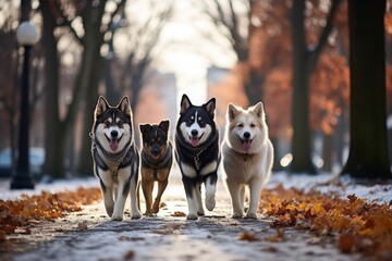 Professional dog walking services. Pet sitter with different breed dogs at city park