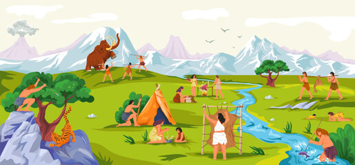 Fototapeta na wymiar Primitive tribe life. Prehistoric people scene, caveman fur animals hunting gets tool food or fire, family characters ancient clothes stone age history recent vector illustration