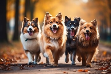 Professional dog walkers offering reliable pet sitting and dog walking services in urban city park - obrazy, fototapety, plakaty