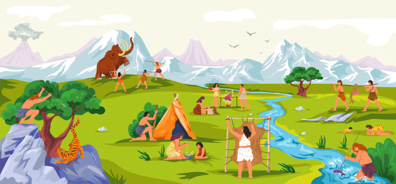 Primitive tribe life. Prehistoric people scene, caveman fur animals hunting gets tool food or fire, family characters ancient clothes stone age history recent vector illustration