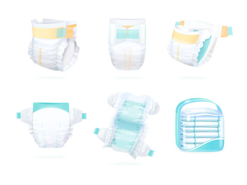 Realistic diapers. Baby diaper mockup, diapering stack product package for newborn pee incontinence child dry body, kids nappy disposal eco absorbent, 3d exact vector illustration