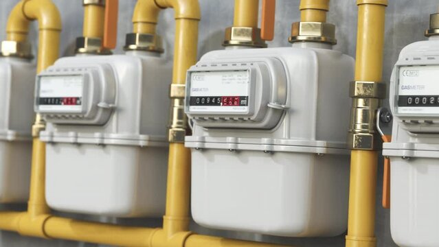 Natural gas meters in a row. Household energy consumption. 3d animation