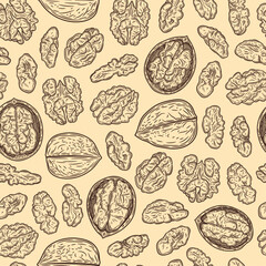 Vector walnut hand-drawn seamless pattern or background. Walnut kernels and shells