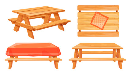 Wooden picnic table. Cartoon wood garden tables tablecloth and benches for camp grill outdoor park barbecue, isolated desk cloth top view beach bbq party, neat vector illustration